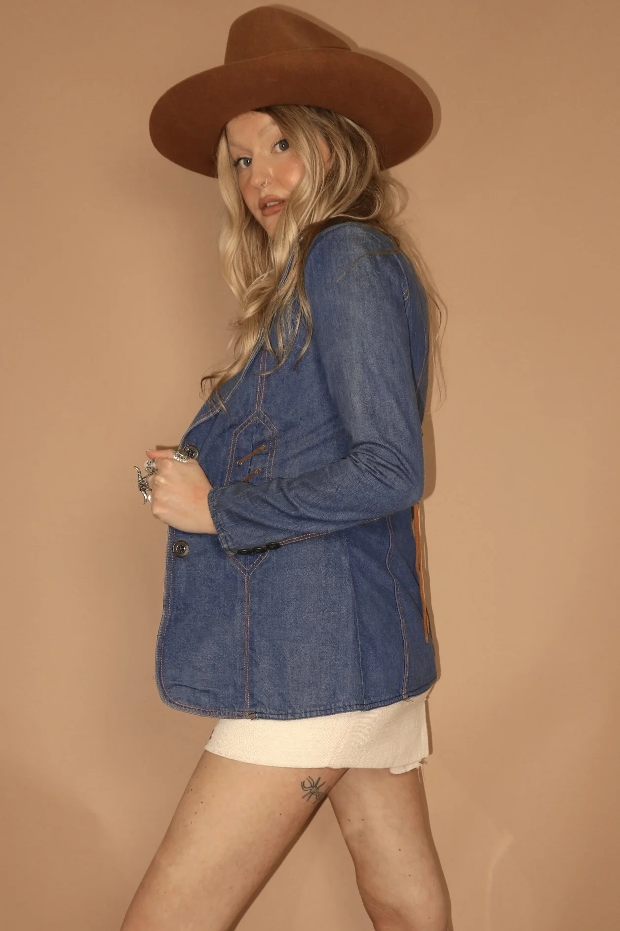 VINTAGE 70s DENIM COLAVE LACE-UP CORSET INDIGO BLUE FITTED JACKET